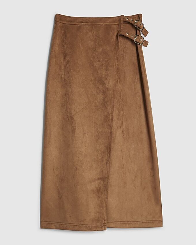 Brown Faux Suede Wrap Midi Skirt
