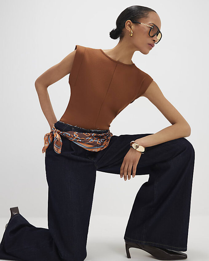 Brown Fitted Knit Sleeveless Top