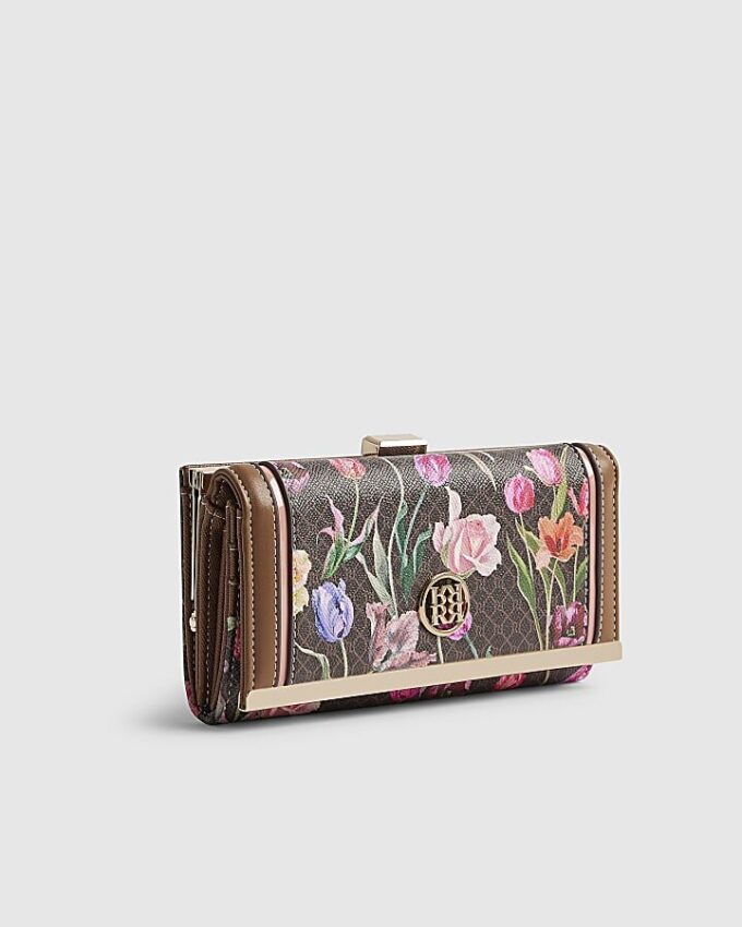 Brown Floral Monogram Clip Top Purse