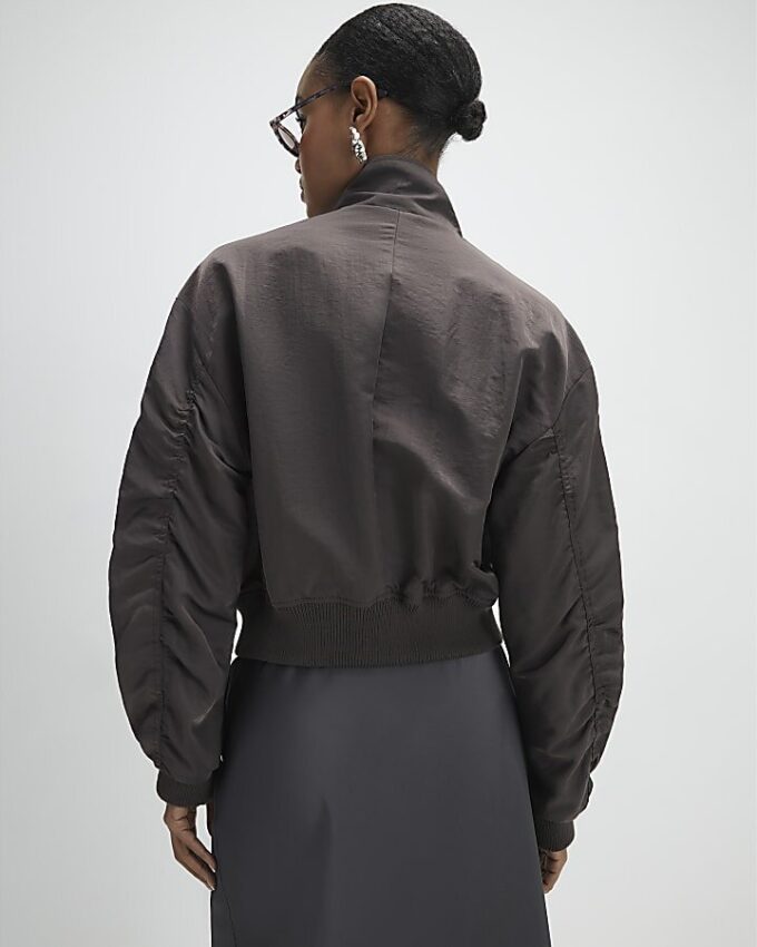 Brown Funnel Neck Bomber Jacket