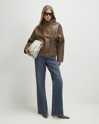 Brown Funnel Neck Distressed Bomber Jacket