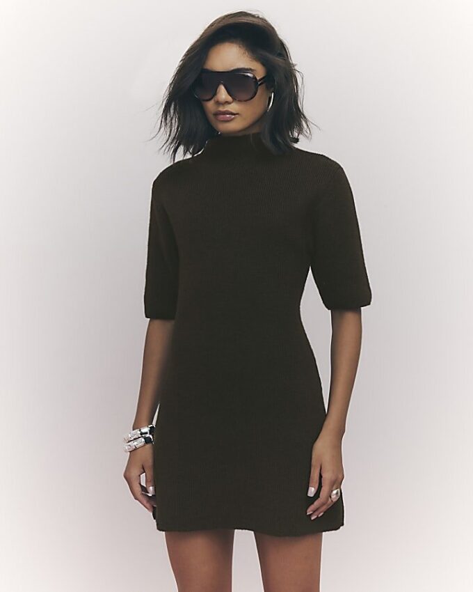 Brown High Neck Cosy Mini Dress