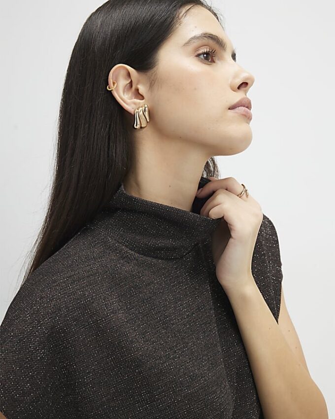 Brown High Neck Glitter Top