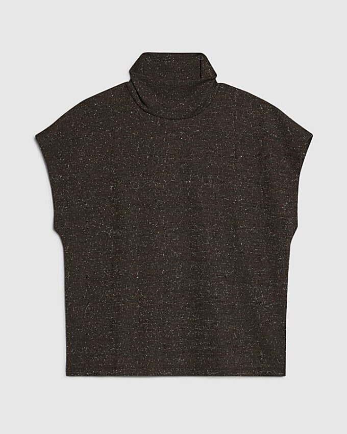 Brown High Neck Glitter Top