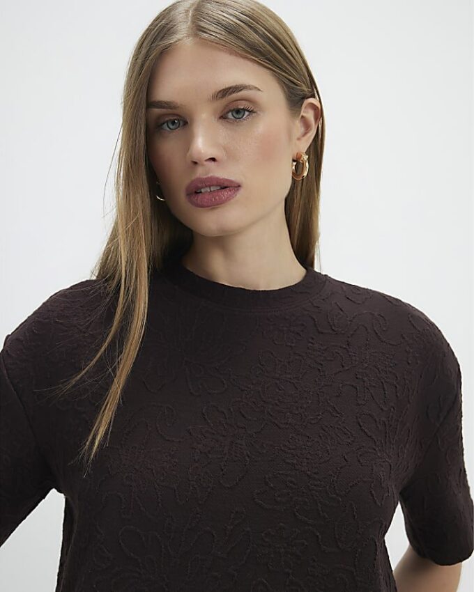 Brown Jacquard Short Sleeve Boxy T-shirt
