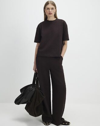 Brown Jacquard Wide Leg Trousers