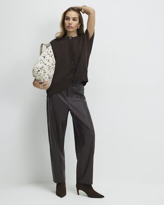 Brown Knitted Sleeveless Ribbed Hem Tank Top
