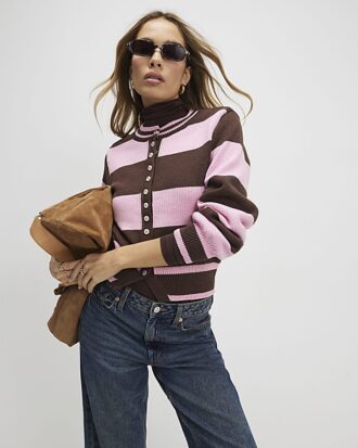 Brown Knitted Striped Cardigan