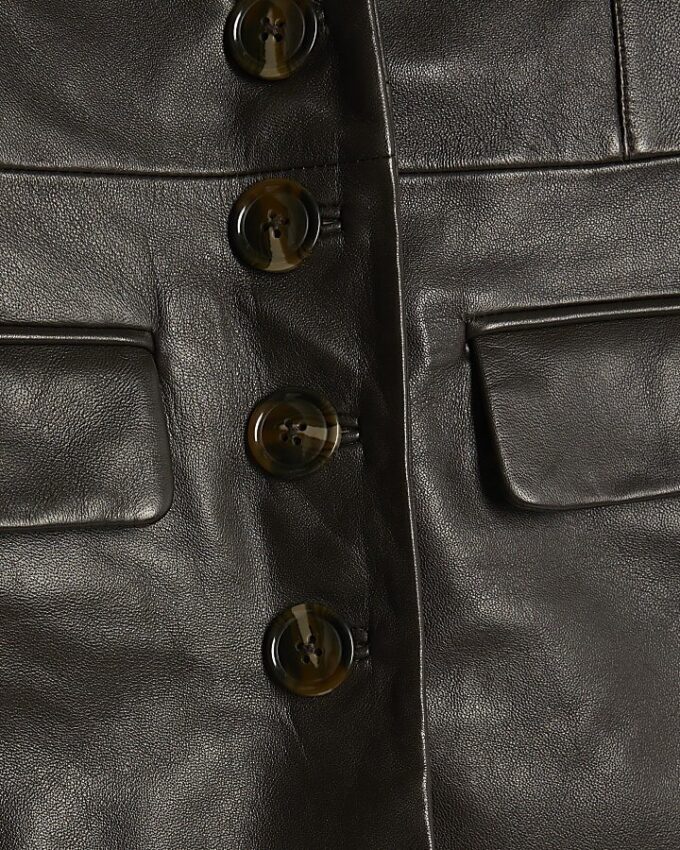Brown Leather Fitted Waist Blazer