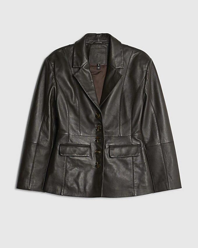 Brown Leather Fitted Waist Blazer