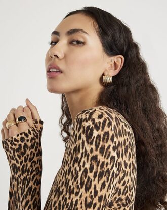 Brown Leopard Print Long Sleeve Fitted Top