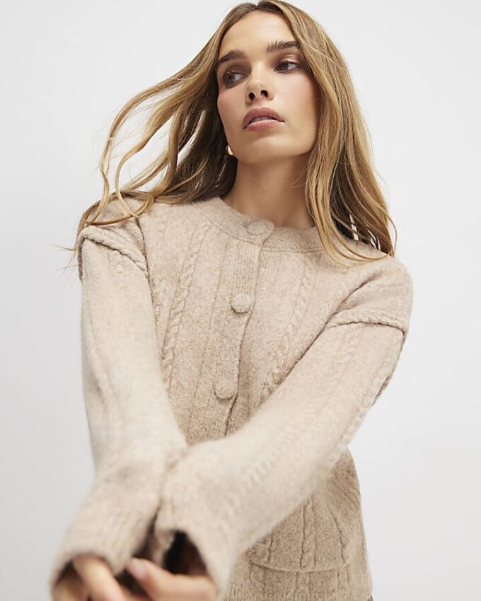 Brown Long Sleeve Cable Knit Cardigan