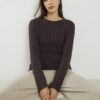 Brown Long Sleeve Cable Knit Fitted Top