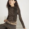 Brown Long Sleeve Ribbed Animal Print Top