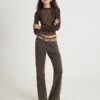 Brown Long Sleeve Ribbed Animal Print Top
