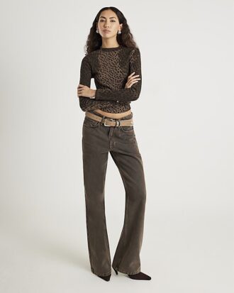Brown Long Sleeve Ribbed Animal Print Top