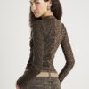 Brown Long Sleeve Ribbed Animal Print Top