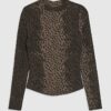 Brown Long Sleeve Ribbed Animal Print Top
