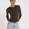 Brown Long Sleeve Ribbed Crew Neck Top