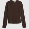 Brown Long Sleeve Ribbed Crew Neck Top