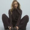 Brown Long Sleeve Scarf Tie Neck Cosy Top