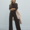 Brown Long Sleeve Scarf Tie Neck Cosy Top