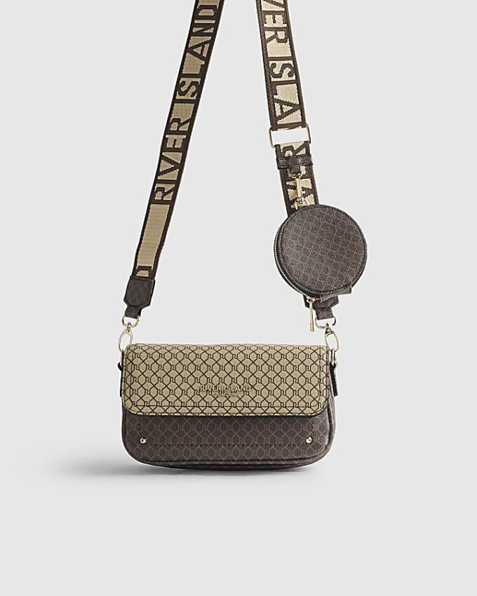 Brown Monogram Print Cross Body Bag