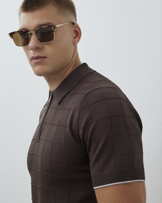 Brown Muscle Fit Grid Textured Polo Shirt