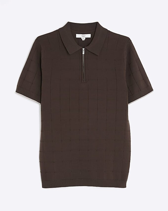 Brown Muscle Fit Grid Textured Polo Shirt
