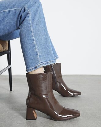 Brown Patent Block Heel Ankle Boots
