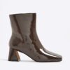Brown Patent Block Heel Ankle Boots