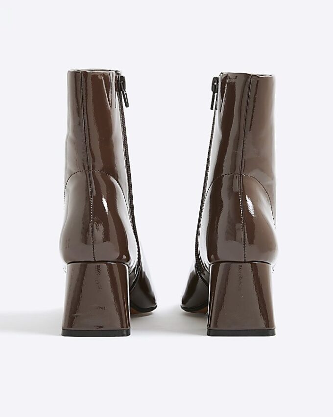Brown Patent Block Heel Ankle Boots