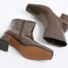 Brown Patent Block Heel Ankle Boots
