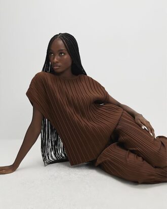 Brown Plisse Short Sleeve Top