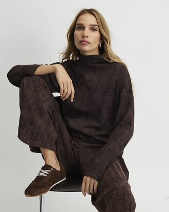 Brown Premium High Neck Crinkle Effect Top