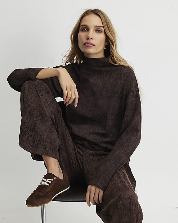 Brown Premium High Neck Crinkle Effect Top