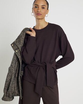 Brown Premium Long Sleeve Tie Front Top