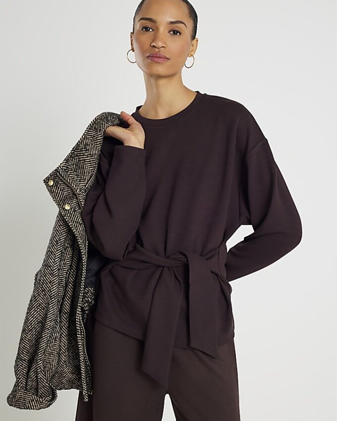 Brown Premium Long Sleeve Tie Front Top