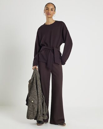 Brown Premium Long Sleeve Tie Front Top