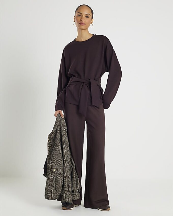 Brown Premium Long Sleeve Tie Front Top