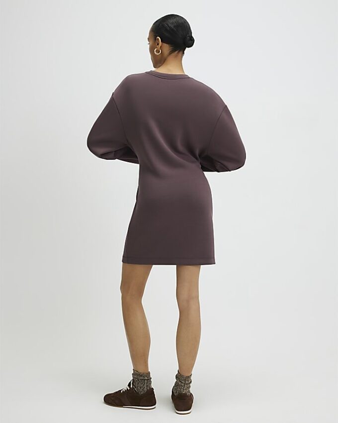 Brown Premium Tie Front Mini Sweatshirt Dress