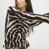 Brown Ruched Wavy Print Mesh Top