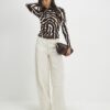 Brown Ruched Wavy Print Mesh Top
