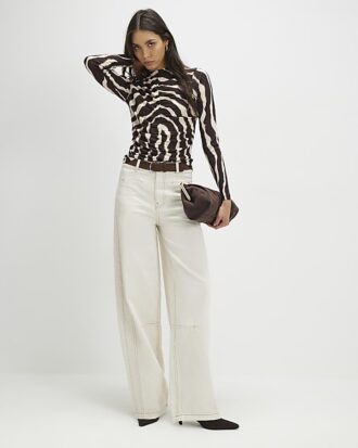 Brown Ruched Wavy Print Mesh Top