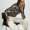 Brown Ruched Wavy Print Mesh Top