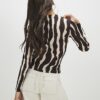 Brown Ruched Wavy Print Mesh Top