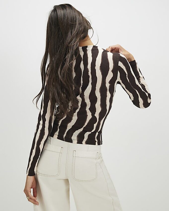 Brown Ruched Wavy Print Mesh Top