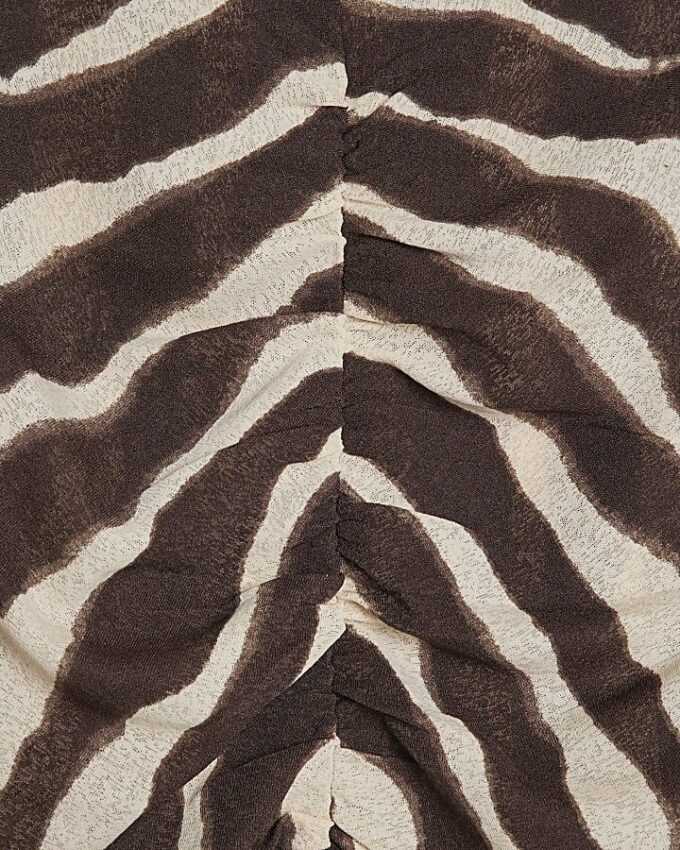 Brown Ruched Wavy Print Mesh Top
