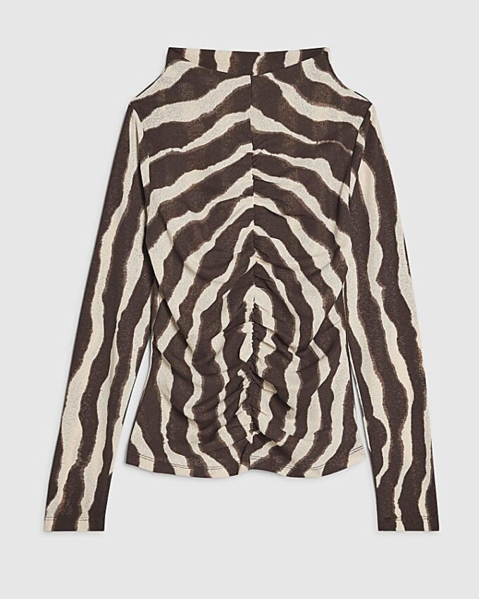 Brown Ruched Wavy Print Mesh Top