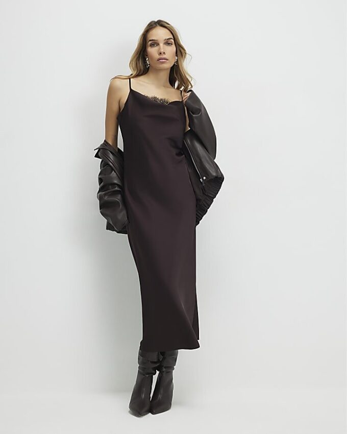 Brown Satin Cowl Neck Lace Trim Midi Dress